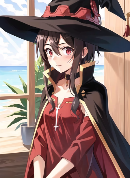 akamatsu ken <lora:akamatsu_ken_offset:1>,   megumin, 1girl, bare shoulders, black cape, black gloves, black hair, blush, cape, choker, collarbone, dress, hair between eyes, hat, long sleeves, looking at viewer, medium hair, off-shoulder dress, off shoulder, red dress, red eyes, sidelocks, solo, witch hat, indoors, (masterpiece)