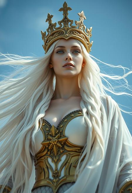 very low angle, albino princess, extremely beautiful, very long hair, brass crown, wind, epic heroic  pose,transparent white robe , brass armour, perfect and natural breast,  masterful photography studio