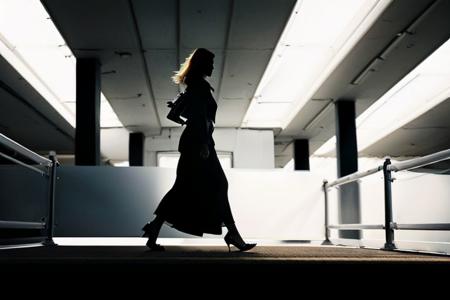reate a landscape image for the landing page featuring a female model in the midst of a catwalk. The model is positioned at the center of the frame, captured from a third-quarter perspective to showcase the details of her outfit and the fluid motion of her walk. The scene is set in a minimalist environment, with silhouette lighting highlighting the model's form against a neutral backdrop. Ensure that the composition maintains a 16:9 aspect ratio, allowing for optimal viewing on the landing page. Capture the essence of the catwalk experience while maintaining the simplicity and elegance of the overall design theme