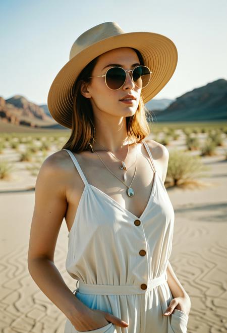 analogue portrait photo of a beautiful 25 years old woman, clear focus, high resolution image, ,wearing Linen jumpsuit, Slide sandals, Straw sun hat, Oversized sunglasses, Woven tote bag, Shell necklace,high quality, film grain, Fujifilm XT3, 8k uhd, dslr, film grain, kodak tri-x 400 film, grain photo DOF, faint lighting, dynamic angle, cinematic, Depth of field, bokeh, best quality, cinematic, light particles, highly_detailed, very_aesthetic, golden hour, beautiful_and_aesthetic ,Sexy pose, erotic pose, exhibitionism ,Desert plateau