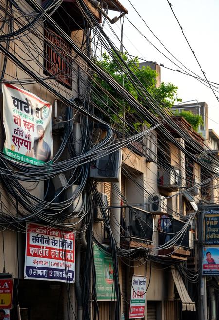 A beautifully composed professional photograph of a street scene in New Delhi, focusing on the mass of cables, power lines, tangled phone wires and cable TV wires. Insane amount of wires, amazing ingenuity, ultra realistic and detailed, banners and advertisements in Hindi, Punjabi mixed with English, buildings are heavily weathered and dirty, pleasing early morning warm sun light highlights the buildings details, balconies growing plants