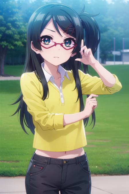 suzuka kurihara, long hair, black hair, hair ornament, (green eyes:1.3), glasses, hairclip, one side up, red-framed eyewear, shirt, yellow shirt, collared shirt, shorts,