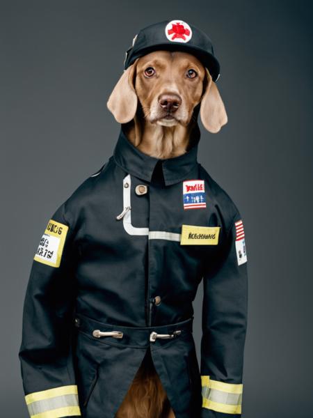 a dog with Mechanic outfit, embroidered designs,  <lora:William_Wegman:1>