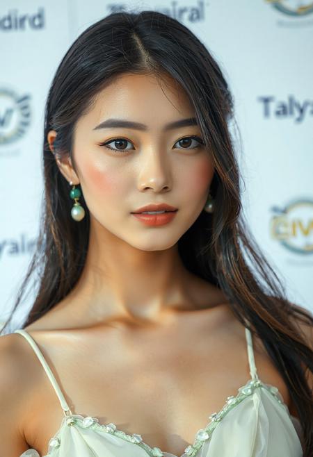 A captivating shot of a young woman with long, dark, flowing hair parted in the center, elegantly framing her face. Her skin appears smooth and radiant, and her makeup is subtle yet enhances her features, with a focus on her eyes and lips. She is wearing delicate, dangling earrings with pearl-like accents. Her attire seems to be a light-colored, possibly sheer or layered gown with thin straps and subtle embellishments in a soft, pastel green hue around the neckline. The background is a clean, bright white, with hints of text or logos that are slightly out of focus, suggesting a formal event or photoshoot setting. The lighting is soft and even, highlighting her gentle expression and poised demeanor. Capture the serene and graceful essence of this individual in a high-resolution image with meticulous attention to detail in her hair, makeup, and the texture of her garment. The overall mood should be one of quiet elegance and understated beauty. Pay close attention to the subtle interplay of light and shadow on her face and clothing to create depth and dimension. The focus should remain sharply on the woman, with the background softly blurred to emphasize her presence.