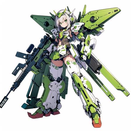 solo,weapon,gun,standing,1girl,green,mecha musume,Axisymmetric,full armour,holding,white background,robot,mecha,msgirl girl,<lora:msgirlv4h:0.6>  <lora:msgirlv3_b:0.4>