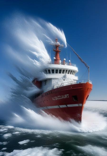 A red and white "US Coast Guard" ship breaks the ice on the Great Lakes at Christmas time. Dynamic scene with wind, 
blowing snow, 
ice and spray flying about.