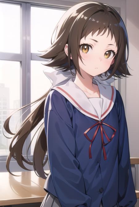 mashiromitsumine, <lyco:mashiromitsumine-lyco-nochekaiser:1>,
mashiro mitsumine, (brown eyes:1.5), brown hair, ponytail, (flat chest:1.2),
BREAK grey skirt, long sleeves, neck ribbon, red ribbon, ribbon, sailor collar, school uniform, skirt, white sailor collar, (blue shirt:1.5),
BREAK looking at viewer, full body,
BREAK indoors, classroom,
BREAK <lyco:GoodHands-beta2:1>, (masterpiece:1.2), best quality, high resolution, unity 8k wallpaper, (illustration:0.8), (beautiful detailed eyes:1.6), extremely detailed face, perfect lighting, extremely detailed CG, (perfect hands, perfect anatomy),