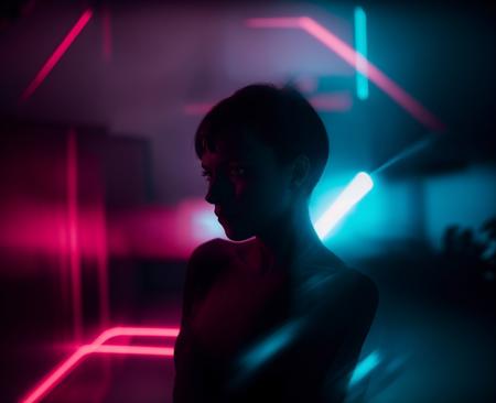 (motion blur, blurry, low shatterspeed:1.2), defocus, anamorphic lenses, flares, highlights, elegant posing photo of a woman standing in a dark room with blue lights, cyberpunk art by Elsa Bleda, neoism, dark dance photography aesthetic, cinematic light lighting, darkness aura red light,  <lora:Prismatia_yiu_v10:0.7>