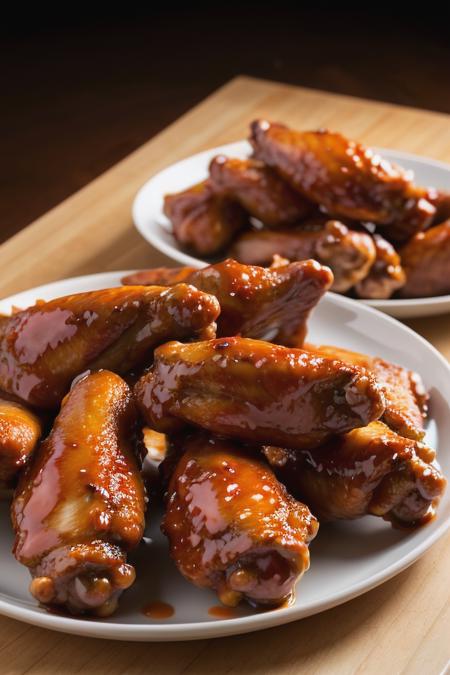Photo of delicious looking chicken wings on table, photorealistic, hyper quality, intricate detail, masterpiece, 8k,