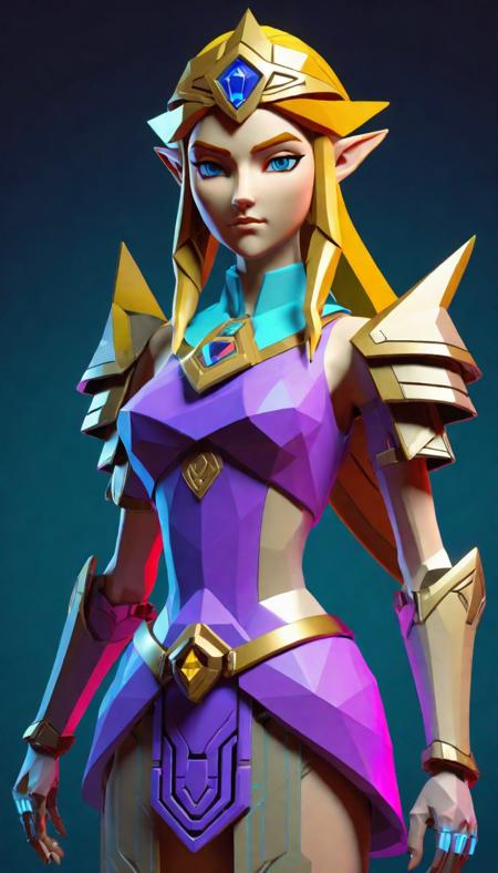 low-poly style Princess Zelda, reimagined in a cyberpunk universe, cyberpunk style, augmentation, cybernetics, cinematic scene, hero view, action pose, beautiful 8k, masterpiece, best quality, high quality, absurdres . low-poly game art, polygon mesh, jagged, blocky, wireframe edges, centered composition