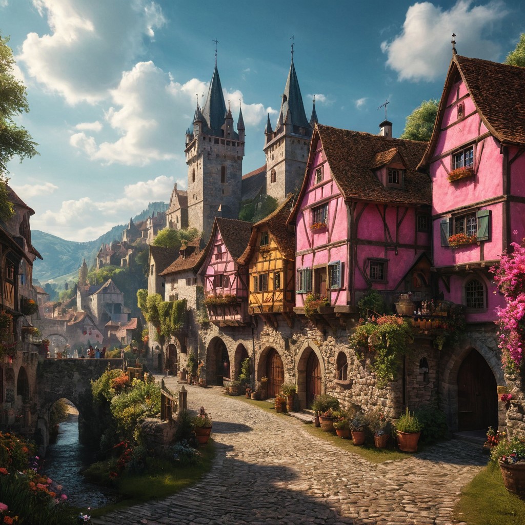 Day, pink castle in background, medieval villages,  shop, church, fantasy world, (lot of people:1.2), colored medieval house, human , colored house
Idescence color,
Wide range of colors, colored Dramatic,Dynamic,Cinematic,Sharp details
Insane quality. Insane resolution. Insane details. Masterpiece. 32k resolution.
<lora:add-detail-xl:0.95> <lora:dvr-lnds-sdxl:0.3> dvr-lnds-sdxl <lora:MJ52:0.25> <lora:zavy-cntrst-sdxl:0.35> dark, chiaroscuro, low-key <lora:zavy-rmlght-sdxl:0.41> zavy-rmlght <lora:SDXLFaeTastic2400:0.225>