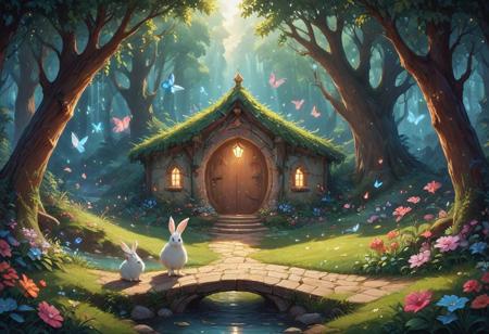 (Isekai anime style.Anime coloring.(0.9))In a whimsical world, a beautiful fairy garden blooms with vibrant flowers and sparkling fountains. A delicate, crystal bridge spans a gentle stream, leading to a majestic tree with leaves that shimmer like diamonds. A friendly, fluffy rabbit hops along the winding path, surrounded by fluttering butterflies and sweet, singing birds. The garden is filled with hidden treasures, like a tiny, glowing fairy door and a secret, shimmering cave. A soft, fluffy cloud drifts lazily across the sky, casting a warm, gentle shadow over the garden. The air is filled with the sweet scent of blooming flowers and the soft, soothing sound of gentle chimes. It's a peaceful, magical place where dreams come alive and wonder waits around every corner.master_class,master_piece,up_8,up_9,perfect beautiful,perfect beautiful early morning light.