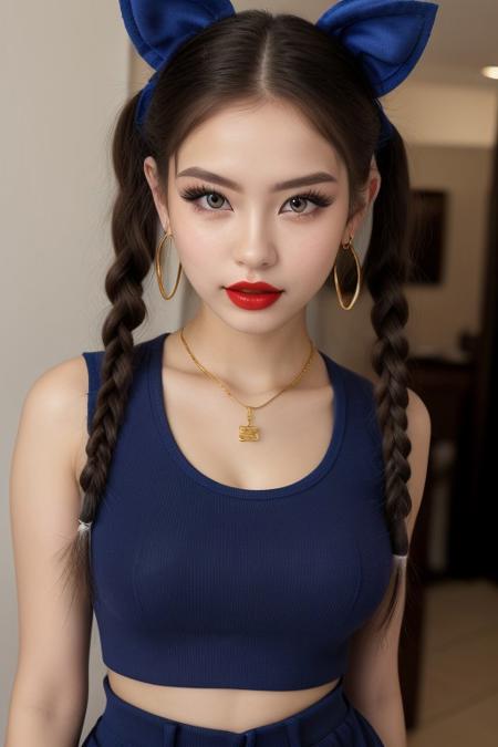 very distance shot, (4k, 8K, UHD, RAW photo, best quality, ultra high res:1.1),(absurdres, intricate, photorealistic, masterpiece, ultra-detailed:1.2),
group photo with 3 standing girls, full body shot of 3 skinny girls, group shot of 3 beautiful girls,
professional lighting,highly detailed skin, highly detailed eyes, perfect hands and fingernails, big hair,narrow shoulders,
E-Girls_Mansion_Celestina,
coral blush, blue lipstick, cobalt blue eyeliner, bright blue eyeshadow,
Pearl necklace, Diamond earrings, Gold bracelet, Sapphire ring ,
Braided pigtails, two braids on either side of the head for a classic and cute style,
cat ears,
Emerald sweatpants, cropped top, big breasts, cleavage, neckline, belly button piercing,
<lora:ch0l4m4k3up:0.7> ch0l4m4k3up, lipliner, eyeliner, red lipstick/lipstick,
<lora:Detail-Slider-V3-By-Stable_yogi:0.7>,