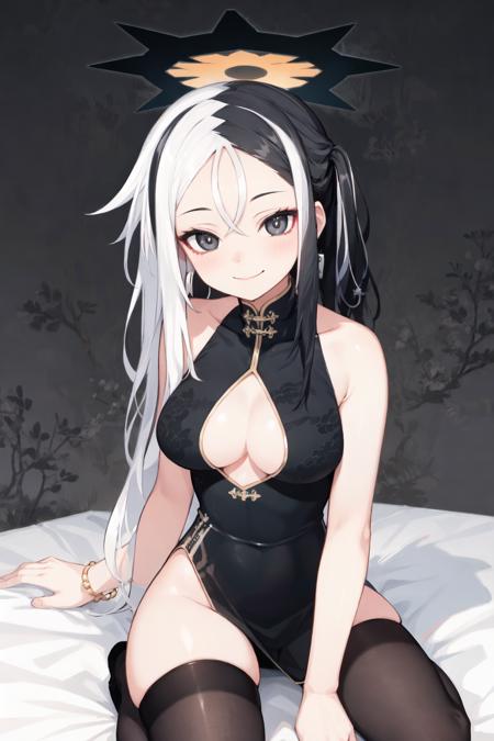 shinntanikai black and white hair black halo, black china dress,