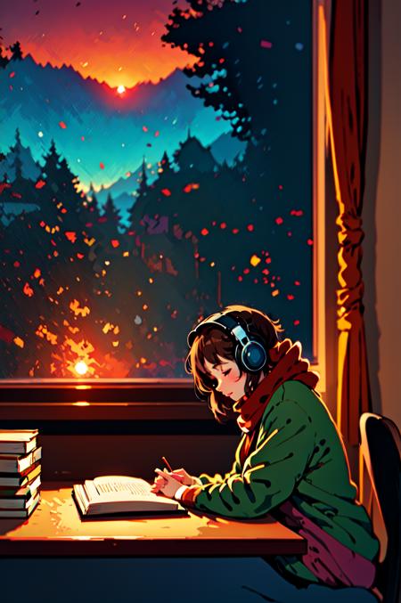 <lora:Homework_Desk:0.6> masterpiece, best illustration, ((anime)), 1girl, solo, headphones, brown hair, closed eyes, window, indoors, red scarf, sitting, tree, scarf, sweater, short hair, desk, sunset, book, from side, blurry