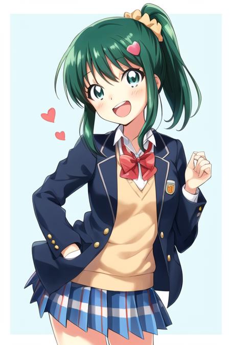 Serizawa Momoka, 1girl, :d, aqua eyes, blazer, blue skirt, bow, bowtie, breast pocket, collared shirt, green background, green hair, hair between eyes, hair ornament, hair scrunchie, hand in pocket, hand on own chest, head tilt, heart, heart hair ornament, jacket, long sleeves, open clothes, open jacket, open mouth, pleated skirt, pocket, ponytail, red bow, red bowtie, school uniform, scrunchie, shirt, skirt, smile, solo, sweater vest, unbuttoned, white shirt, wing collar
<lora:srzwmmk-masked-v1.0-000050:1>