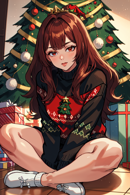 <lora:HolidayIdidalittlebit:0.8> a young woman wearing an ugly sweater and sitting on a floor near christmas trees, in the style of light red and dark brown, romantic motifs, ferrania p30, princesscore, bold colors, strong lines, feminine body, milleniwave, snorting cocaine,