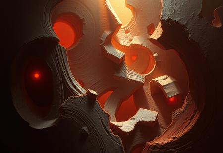 tense atmosphere, warm yet painful, deep but numb, soft glowing light amidst shadows, agitated and restless energy, abstract forms representing cutting pain, fatigue settling in the air, muted colors, warm amber and faded reds, cracks forming beneath the surface, soft textures with jagged edges, stale yet heavy, a sense of emptiness, disappointment lingering, emotional depth without release, distant light barely reaching, worn and broken but still present, surreal and abstract, high-resolution, deep contrasts, fragmented yet cohesive, (calm and serene:-1.7), (vibrant and happy:-1.8), (sharp clarity:-1.5), (uplifting elements:-1.6)