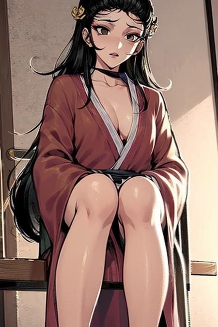 Black long hair, red eye shadow,slender,Red Hanfu,Long legs,