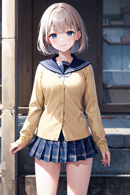 masterpiece, best quality, highres, aaasahi, short hair, blue sailor collar, yellow cardigan, long sleeves, plaid skirt, blue skirt, <lora:serizawa_asahi_v1:0.7>, smile, standing, outdoors, cowboy shot