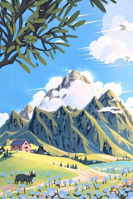 outdoors, scenery, flower, sky, house, no humans, cloud, tree, day, mountain, grass, sheep, nature, animal, building, blue sky, forest, blurry foreground <lora:Child illustrationa_20230804152414:0.8>, (illustration:1.0), masterpiece, best quality,