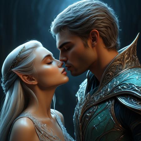 brutal handsome man kissing a beautiful elven queen, magical, sci-fi, beautiful, unimaginable, 
very dramatic, naturalistic, photorealistic, highly detailed digital art, science vs fantasy, 
accurate intricate and realistic anatomy, 
soft lighting, Cinematic, Color Grading, Editorial Photography, volumetric lighting, atmospheric, Photography,