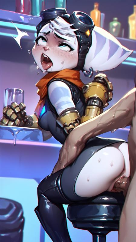 score_9,score_8_up,score_7_up,source_anime,rivet,1boy,1girl,sitting on a bar chair,petite,black hair,thigh high boots with stiletto heels,vaginal,from behind,sweat,ahegao,<lora:rivet_prodigy_v2-000060:1>,