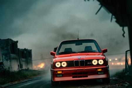 analog gloomy (close up shot) photo of a (red BMW E30 car, <lora:bmwe30:1>), ((speeding in an abandoned city (at midnight))), ((decayed apartment buildings in the background)), ((snow)), (horror movie), ((nighttime)), (midnight), ruins, claustrophobic, High Detail, Sharp focus, ((photorealism)), ((realistic)), best quality, 8k, award winning, dramatic lighting, epic, cinematic, masterpiece, backlit, contrejour, rim light, ambient fog:1.4, dutch angle, depth of field, volumetric lights,