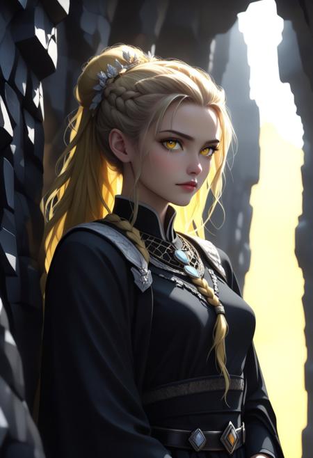 1girl, (close up:1.6), (sharp focus:1.2), (voronoi:1.8), (basalt columns:1.4), (pixelized:1.6), (voxels:1.5), round cheeks, upturned nose, (detailed eyes:1.1), (thick lips:1.1), 32K, HDR. hyper realistic, realistic eyes, beautiful lighting, sunlight, score_9, score_8_up, score_7_up, score_6_up, masterpiece, high quality, (best quality:1.1), 1girl, (hands behind the head:1.6), standing, looking at viewer, (vulcano:2), 28 years old, Solo, strong, secure, confident, (slim waist:1.7), realistic, hyper realistic, beautiful, pretty, (fully dressed:2.7), complete clothing, (covered body:2), solo, loki, (feminine:1.4), din, eye patch, albun hair, braided hair, rune armor, runic robe, fur armor, viking fantasy, wolf, raven, nordic mythology, (yellow:2.4).