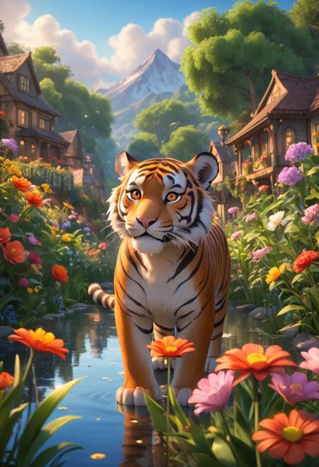 Pixar style, masterpiece, best quality, Happy tiger, highly detailed, high budget, cinemascope, moody, epic, soft natural lighting, whimsical atmosphere, ethereal glow, ultra-quality, photorealistic, candid camera, color graded cinematic, eye catchlights, atmospheric lighting, imperfections, natural, shallow dof ,sky, outdoors, flower, scenery, reflection,