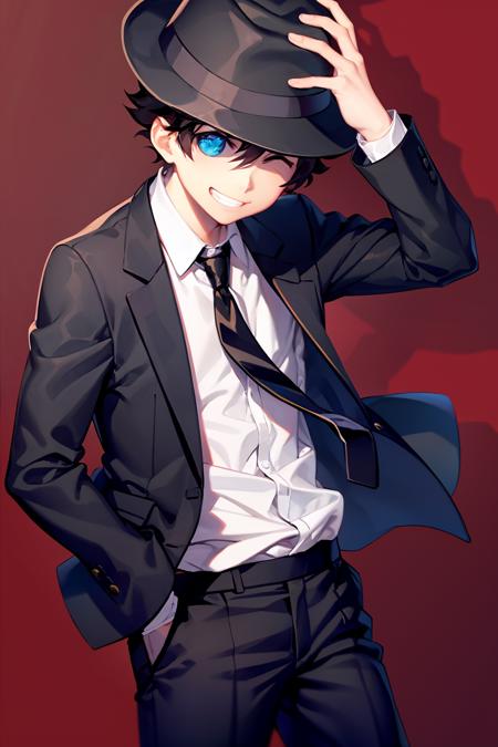 masterpiece, best quality, <lora:lw:1>,solo, smile, male focus, necktie, 1boy, hat, blue eye,one eye closed, grin, black hair, black necktie, formal, suit, pants, hands in pockets, shirt, jacket,  fedora, hand in pocket, black pants, spotlight, dress shirt, white shirt, black headwear, cowboy shot, standing, short hair, black jacket, long sleeves, ^_^,red background,