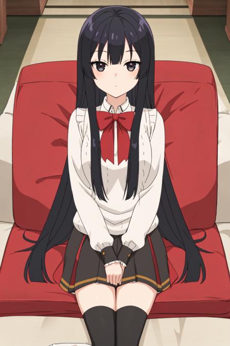 eumi, 1girl, solo, long hair, blunt bangs,bangs, black hair, black eyes, looking at viewer,  shirt, long sleeves, ribbon, closed mouth, , white shirt, pleated skirt, frills, puffy sleeves, brown skirt, black thighhighs,  red ribbon, neck ribbon, expressionless, 