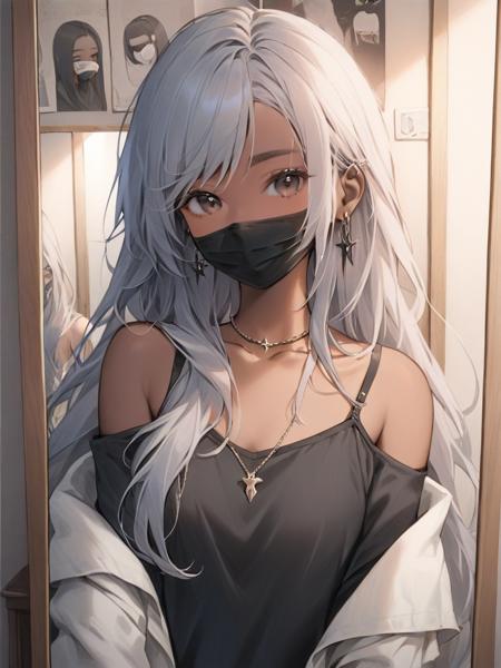 <lora:baozhi:1>,1 very long silver hair (flat chest:1.1) dark skin girl wearing (black hallow out shirt:1.3) (selfie:1.2), in front of a mirror, mouth mask, necklace, off-shoulder