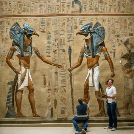 tourists visiting the Cairo museum seeing an Egyptian tomb mural of a   <lora:stargateHorus-SDXL:1.0>  stargateHorus