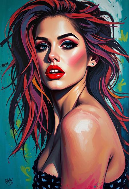 A stunning and vibrant oil painting captures an alluring woman with dark makeup, bold red lips, and long, hair,  The artist's expressive brushwork imbues the scene with movement and energy, showcasing the woman's form. The painting's vivid palette and impasto technique create a cheerful, cinematic atmosphere.