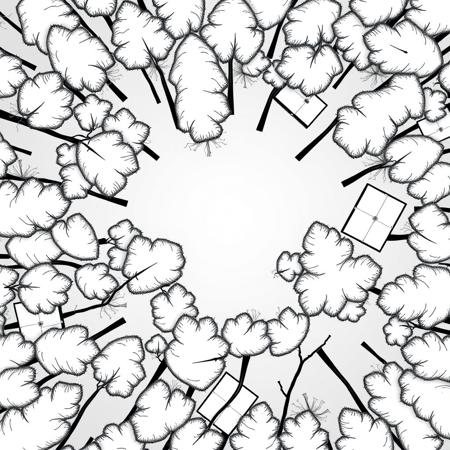 a overhead view of stylized line art of a deciduous forest canopy, in a black and white lineart style as a tile from a video game tileset, viewed directly from overhead,  2D minimalist style, black and white two tone color pallete, The overall design is square in shape