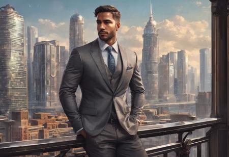 digital painting, epic fantasy, futuristic, high-tech. a handsome brawny (medium-dark-tan-skinned:1.3) 35-year-old man. short hair. (short beard:1.5). gray eyes. jewelry. steampunk. leaning against a balcony which overlooks a high-tech city. looking at viewer. smooth lines, perfect composition