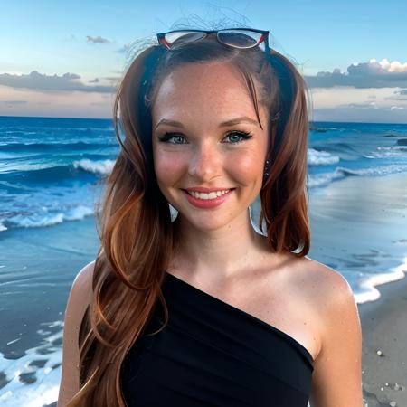 zoec looking at viewer, professional portrait of 1girl, sharp focus, freckles, shiny skin,twin tails, drill hair, red hair, forehead, depth of field, bare shoulders, at the beach, palm trees, smiling, looking at viewer, black sun dress