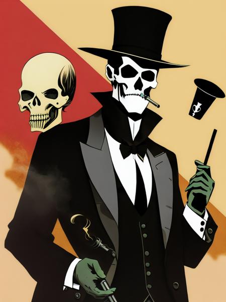 <lora:MikeMignola:1>a man in a top hat holding a cane and smoking a pipe with a skull in the background by Mike Mignola