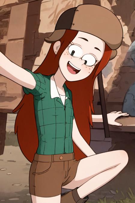 Wendy_Courduroy, 1girl, red hair, long hair, flat chest,  smile, open mouth, hat, green shirt, long slevees, jeans, boots