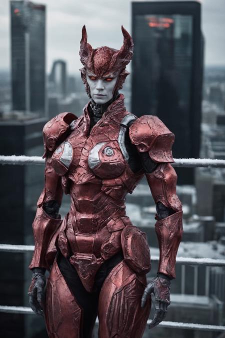 breathtaking Female girl Frost_Apparition hybrid, a highly detailed portrait photograph of an (antropomorphic humanoid) Bloodseeker on the roof of a skyscraper,  <lora:TakeyaTakayuki:0.7>,  <lora:SciFi:1> . award-winning, professional, highly detailed