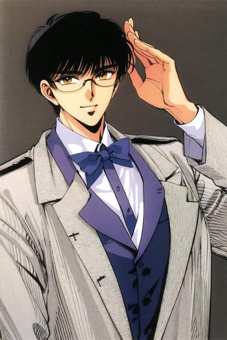 Seishiro Sakurazuka,1boy, male focus, solo, black hair, glasses, yellow eyes, looking at viewer, retro artstyle, black background, smile, uniform, bow, bowtie, 1990s (style), simple background, <lora:Tokyo Babylon:0.8>