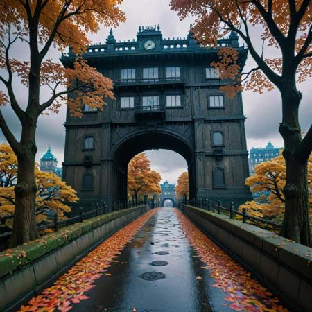 (art by Takasaki Masaharu:1.1) and (Studio Ghibli:1.3) , anime key visual, intricate background, landscape of a Nasty Energetic (Hench:1.3) from inside of The Tower Bridge, autumn trees with Walnut, Thunderstorm, Movie still, Horror, Yuccie Art, Light and shadow plays, pinhole lens, Kodachrome, Soutache, Plain white background, Best quality, wallpaper