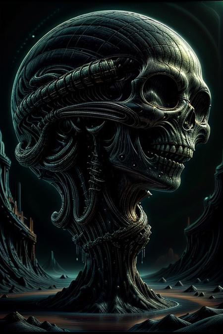 A close-up photorealistic image of a crystallic floating skull facing side view with its mouth open, pouring from it's mouth a shimmering liquid resembling the universe onto the ground, filled with rich stars and swirling galaxies. A simple void background enhances the dark atmosphere, shrouded in fog, capturing the hypnotic flow and shimmer of the cosmic liquid,