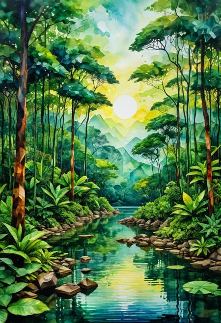 Santa marta colombia, forest, vegetation, lake (masterpiece, ultra high quality), uhd, cubism, high tech, photorealistic watercolor, light background, abstract cubist art, caustics, filigree, shiny, beautiful and perfect composition, ultra detailed environment, encaustic paint, alcohol ink, particles, tetradic colors, luminism, chiaroscuro