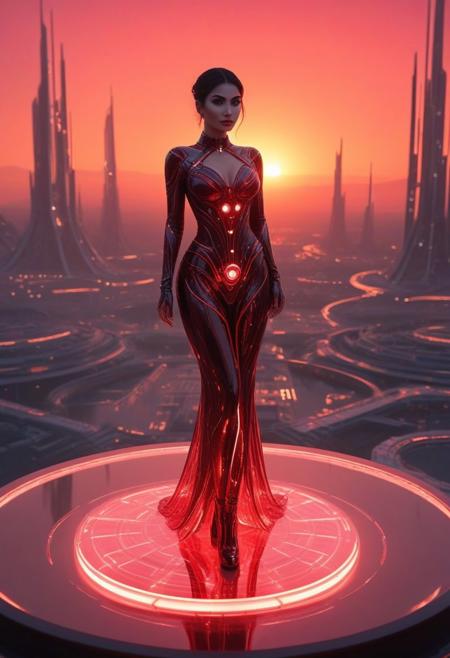 mouni roy, android woman , standing on a polished crystal platform in a futuristic alien city bathed in the warm glow of a crimson sunset. Her ethereal form, crafted from translucent materials, polished chrome, and glowing crimson energy lines, hints at a fusion of biological and technological origins. Her porcelain-like skin reflects the warm hues of the setting sun, creating a soft, otherworldly luminescence. Beneath her translucent skin, intricate gears, wires, and pulsating crimson energy conduits reveal a complex inner workings. Her large, crimson eyes gaze out at the alien cityscape with a wistful expression, hinting at a deep longing and a sense of wonder in the face of the unknown. Her short, choppy crimson hair frames her delicate features, catching the light of the setting sun and adding a touch of rebelliousness to her ethereal presence.
 The gown is adorned with intricate patterns of glowing energy lines, creating a mesmerizing display of light and color. The gown reveals glimpses of her sculpted physique and the intricate mechanisms beneath her skin, a captivating blend of vulnerability and technological marvel.
The alien city is a breathtaking spectacle of towering crystal structures that catch and refract the light of the setting sun, creating a dazzling display of colors. .easynegative, detailxl, Sci-fi Environments, digital painting