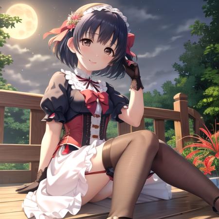 full body, 4k,ultra-detailed eyes, ultra-detailed, extremely detailed CG, masterpiece, best quality,extremely detailed CG, (post processing:1.4), (extremety fine and beautiful:1.4), shiragiku hotaru, sitting in the middle of the garden of spider lily at night, young girl, 1girl, black gloves, black hair, blush, bow, brown eyes, cloud, cloudy sky, flower, frills, gloves, hair bow, hairband, jewelry, leaf, looking at viewer, moon, night, outdoors, puffy short sleeves, puffy sleeves, short hair, short sleeves, sky, smile, solo, spider lily, night sky, <lora:shiragiku hotaru2-000009:0.8>