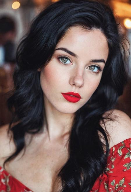 instagram photo, European girl, black hair, perfect detailed eyes, natural skin, red lips