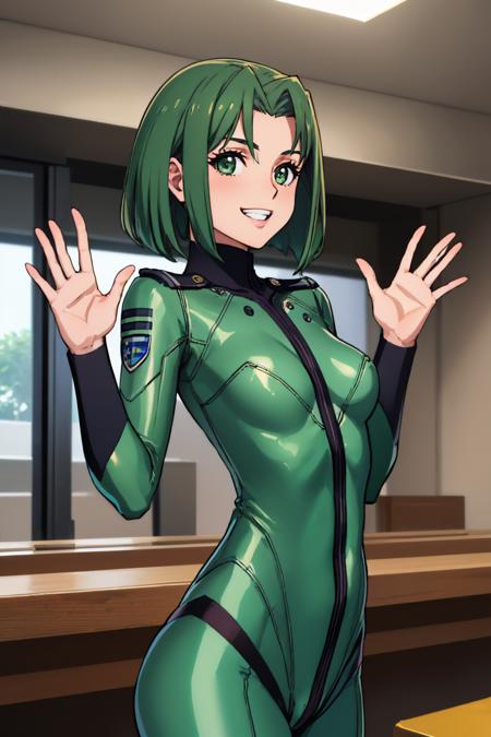 (masterpiece, best quality:1.2), solo, 1girl, grin, looking at viewer, waving, green hair, hair flower, green yamatosuit, indoors <lora:attire_yamatosuits-17:1>