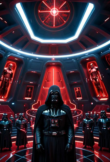 score_9, score_8_up, score_7_up, score_6_up, score_5_up, score_4_up, (absurdres, best quality, masterpiece:1.4), illustration, photorealistic, cinematic lighting, dynamic angle, perfect composition, Galactic Senate chamber, dark hooded figure, sinister grin, holographic display, grand speech, Sith manipulation, ambient lighting, red undertone, political atmosphere